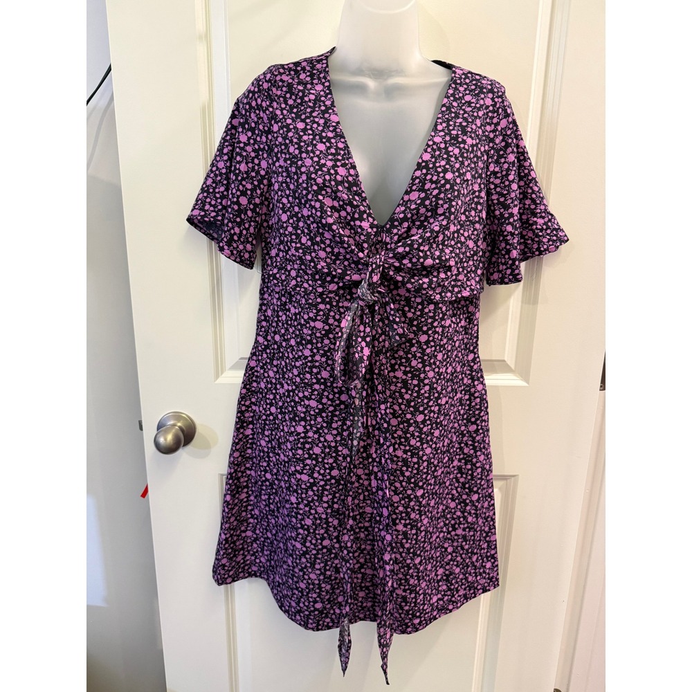 NEW Mello Day Womens Purple Dress Floral V-Neck Front Tie Mini Cottagecore Flirt